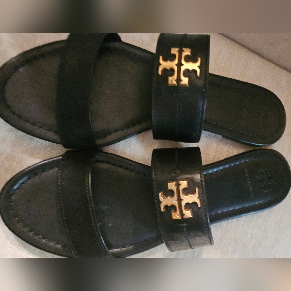 Tory Burch Slide Sandals Everly double Band Shoe size 7 read 6.5 Double T
